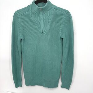 Lands End Drifter Quarter Zip Sweater Women XS Teal Ribbed Cotton Mock Neck